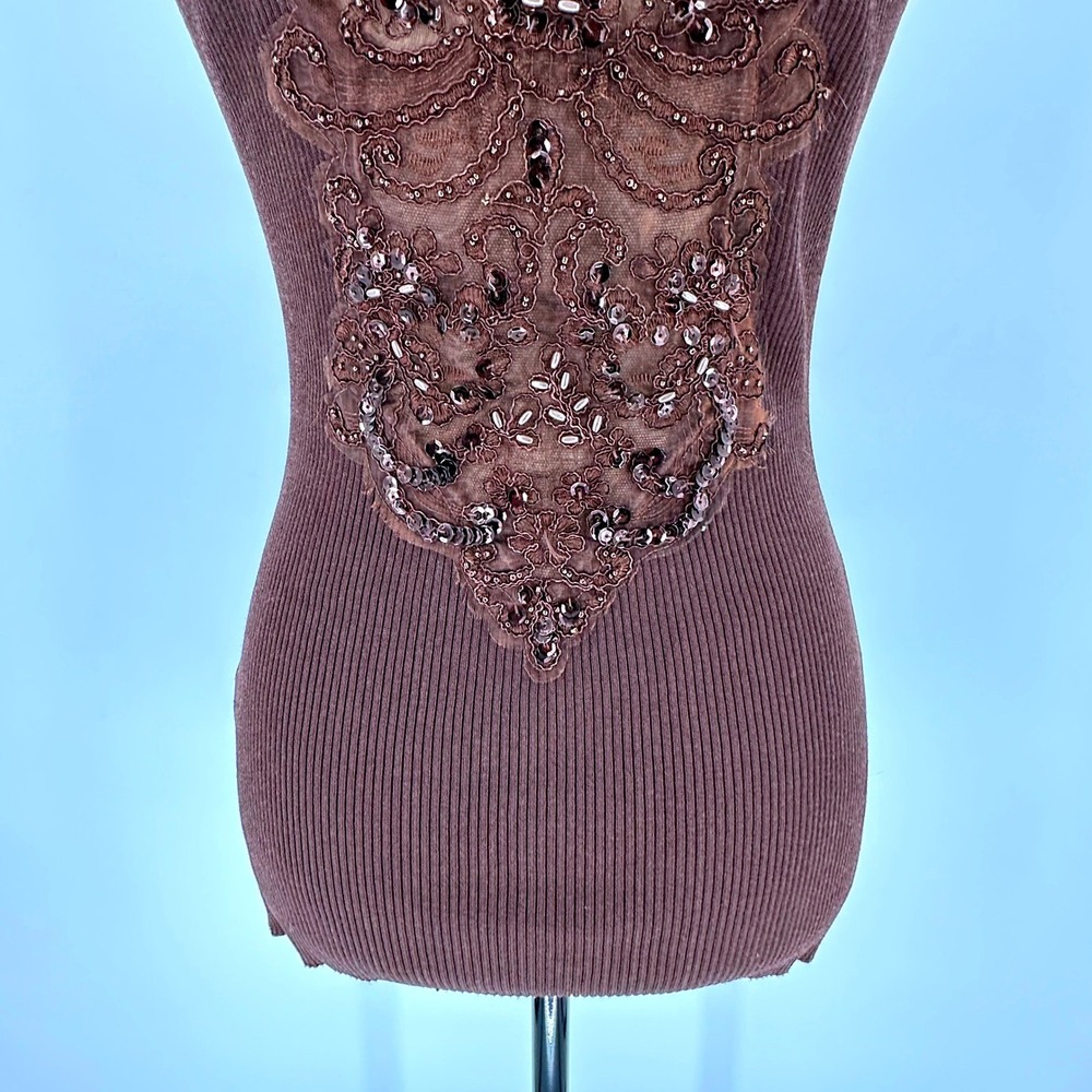Cache Brown Ribbed Lace Sequin Beaded Sleeveless Tank Top Large 20227 - Picture 5 of 15